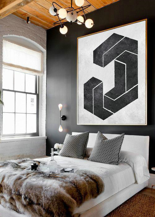 Abstract Painting Extra Large Canvas Art,Oversized Minimal Black And White Painting,Extra Large Wall Art #H0D6